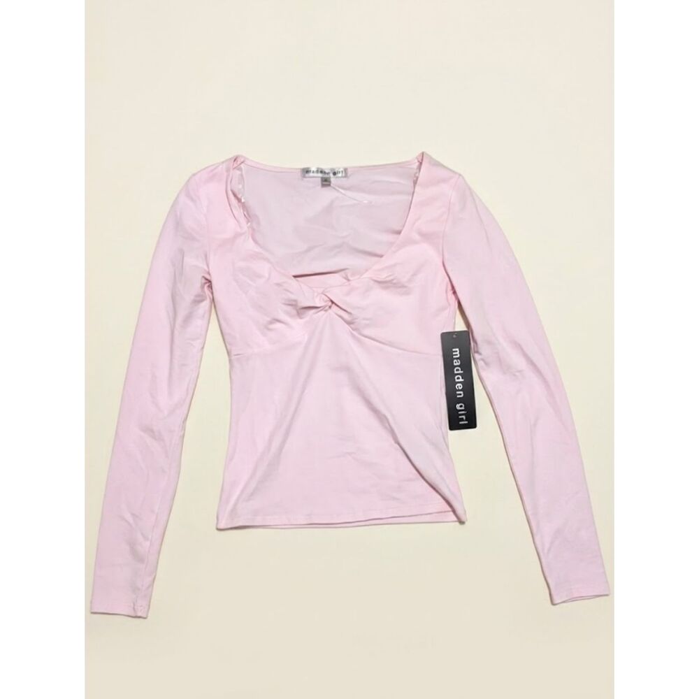 Madden Girl Womens S Light Pink Twist Front Long Sleeve Top NWT V Neck Fitted